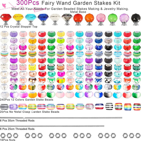 300 Piece Killer Quality Fairy Garden Stake Kit With Brilliant Crystal Diamond Tops And Stainless Steel Threaded Rods showing colorful beads and metal rods.