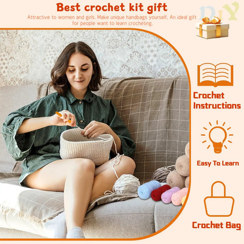 Beginner Crochet Bag Kit Complete Starter Set With Yarn, Hooks, Tools And Step By Step Video Tutorials For DIY Tote Bag Crafting Beige Gift For Adults