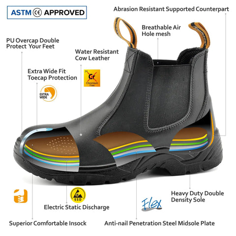 Steel Toe Chelsea Safety Boots For Men Waterproof Cow Leather Lightweight Work Shoes With Extra Wide Fit Anti Puncture Midsole And Durable Outsole