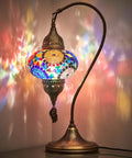 Handmade Tiffany Style Dope Colorful Mosaic Table Lamp With Swan Neck Glass Globe Metal Leaf Accent Antique Brass Hammered Finish Desk Bedside Night Light Multicolor Glass Beads 19 Inch Lamp