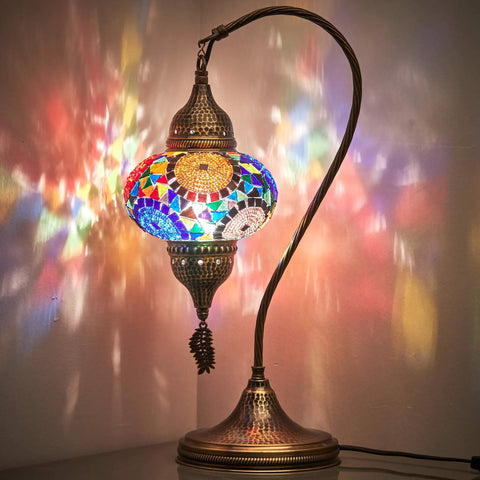 Handmade Tiffany Style Dope Colorful Mosaic Table Lamp With Swan Neck Glass Globe Metal Leaf Accent Antique Brass Hammered Finish Desk Bedside Night Light Multicolor Glass Beads 19 Inch Lamp