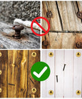 Comparison of old rusty screws versus Top Shelf Vintage Style Brass Screws With Flush Caps on wooden surfaces.