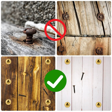 Comparison of old rusty screws versus Top Shelf Vintage Style Brass Screws With Flush Caps on wooden surfaces.
