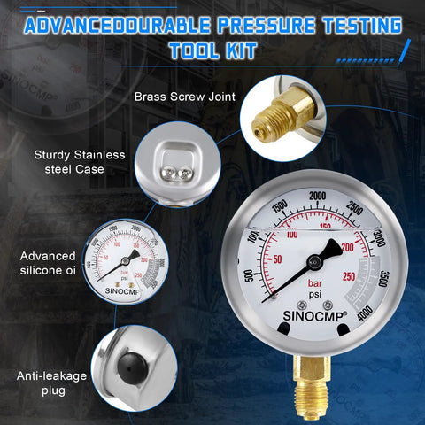 Heavy Lifter Hydraulic Pressure Test Kit With Four Reliable Gauges And Ten Rugged Couplings Plus Three Premium Hoses Perfect For Excavator Service And Construction Project Demands Comes With A Secure Latch Carry Case