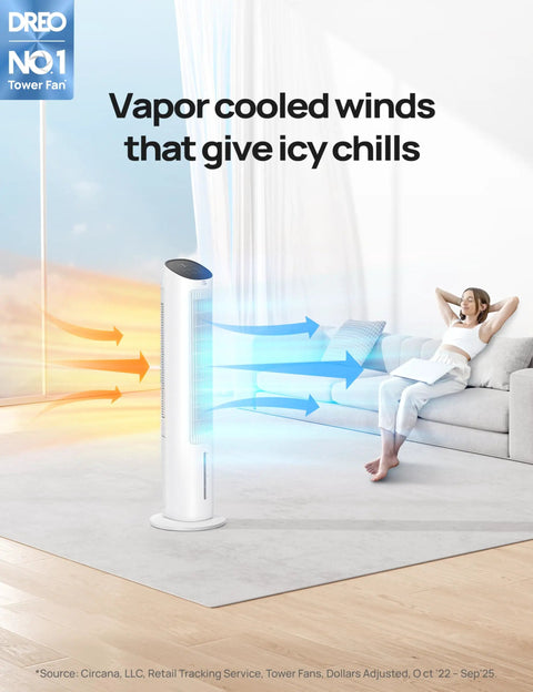 Evaporative Swamp Cooler Tower Fan Beast Mode Cooling, 40 Inch Standing Bladeless Cooler in living room with woman relaxing.