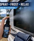 Frosted Glass Spray 30ml Anti-Glare Translucent Portable Agent applied on RV window, demonstrating easy spray application.