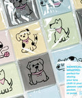 Close-up of TreVee microfiber cleaning cloths, 6x6 cm, dog design, 10-pack, pastel colors, wrapped