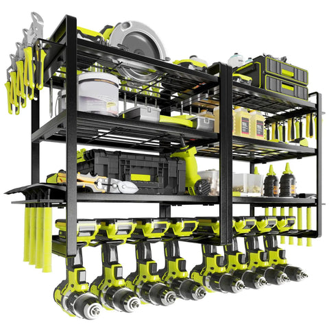 4 Tier Power Tool Organizer Wall Mount Set For Cordless Tools 2 Pack With Bottom Layer Holding Up To 8 Cordless Drills