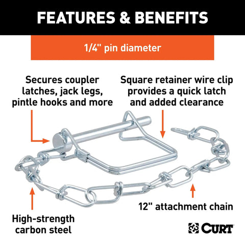 Heavy Duty Trailer Coupler Pin With 12 Inch Chain 1/4 Inch Diameter And 2 3/4 Inch Length showing features and benefits
