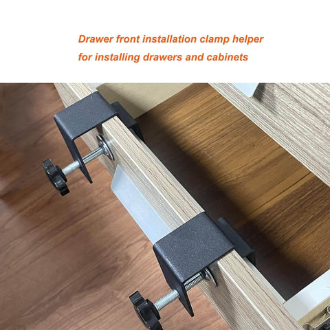 Two Pack Drawer Front Installation Clamps for Cabinets and DIY Woodworking Projects, Adjustable Drawer Fixing Clips with 0.65 to 2 Inch Range attached to a wooden drawer, demonstrating easy and stable drawer front mounting for hands-free installations.