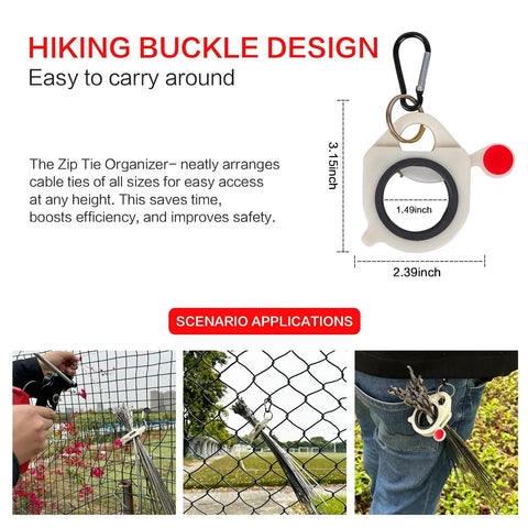 Heavy Duty Metal Zip Tie Gun Set With 150 Pieces Stainless Steel Zip Ties For Fastening And Cutting Ties, Ideal For Chain Link Fence Parts, Wire Fence Rolls, Exhaust Wrap, Poultry Fence Projects shown in use organizing fence ties with hiking buckle design.