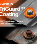 Comparison of Sunkin TriGuard coated screw and a rusted screw on metal surface, highlighting longevity and rust resistance.