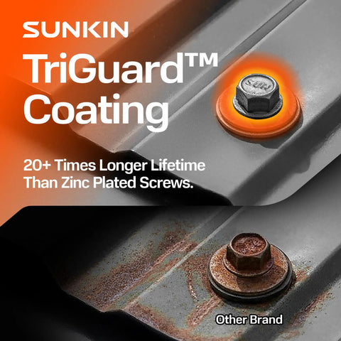 Comparison of Sunkin TriGuard coated screw and a rusted screw on metal surface, highlighting longevity and rust resistance.