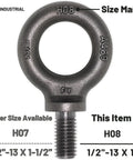 Nine Pack 1/2-13 Eye Bolts, 1 Inch Long, Heavy Duty Lifting Eyebolts for Hoisting and Rigging, Forged Carbon Steel 1035, close-up.
