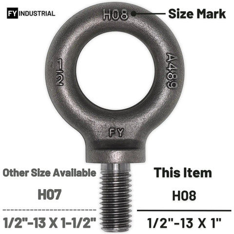 Nine Pack 1/2-13 Eye Bolts, 1 Inch Long, Heavy Duty Lifting Eyebolts for Hoisting and Rigging, Forged Carbon Steel 1035, close-up.
