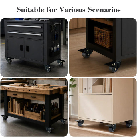 Rock Solid 1.6 Inch Swivel Caster Wheels With Locking Brakes on utility carts and workbenches, showcasing versatility on various surfaces.