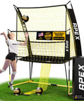 Indoor And Outdoor Volleyball Training Net System Built To Last Sturdy Adjustable And Portable For Realistic Practice Boost Your Accuracy Timing And Technique And Skills With Easy Assembly And Quick Storage, shown with volleyball player in action.