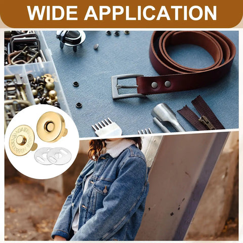 Premium Copper Magnetic Snap Buttons For Purses And Gear DIY Craft Replacement Clasps With Washers Gold Tone on sewing table with tools.