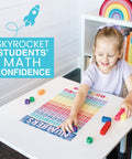 Kid-Friendly Elementary School Math Posters Set With Multiplication Chart And Place Value Chart For Classrooms 11x17 Inch Colorful Wall Decor To Boost Math Mastery In Classrooms displayed with child playing with math blocks