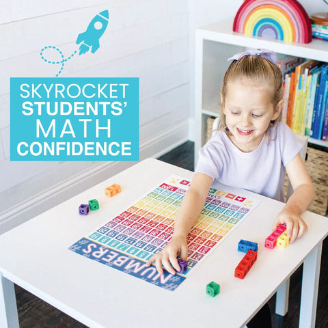 Kid-Friendly Elementary School Math Posters Set With Multiplication Chart And Place Value Chart For Classrooms 11x17 Inch Colorful Wall Decor To Boost Math Mastery In Classrooms displayed with child playing with math blocks