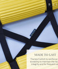 Close-up of Two Tank Scuba Cylinder Rack with box X stitching, yellow foam guards, and nylon straps for secure storage.