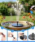 Sun Powered Garden Pond Fountain Pump With Six Nozzles, No Batteries Needed, Easy Setup For Bird Bath, Pond, Pool, Fish Tank And Outdoor Decor Eco Friendly Solar Water Feature in bird bath with blooming flowers and birds.
