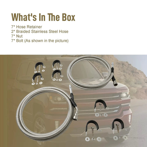 Professional Heavy Duty Flexible Stainless Steel Braided Fuel Line Fits Gmc Sierra 1500 Classic And Chevy Silverado 2004 To 2007 Knuckle Buster Replacement Hose kit components including hoses and retainers.