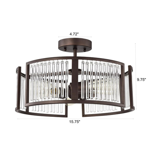 Frey 3 Light Oil Rubbed Bronze Semi Flush Ceiling Fixture With Glass Crystals And Crystal Downlight Transitional Modern Style 16 Inch Wide Hardwired Indoor Lighting, front view with dimensions