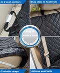 Heavy Duty Waterproof Bench Car Seat Cover Protector for Dogs Nonslip Universal Fit, black quilted fabric with seat anchors, straps, clips.