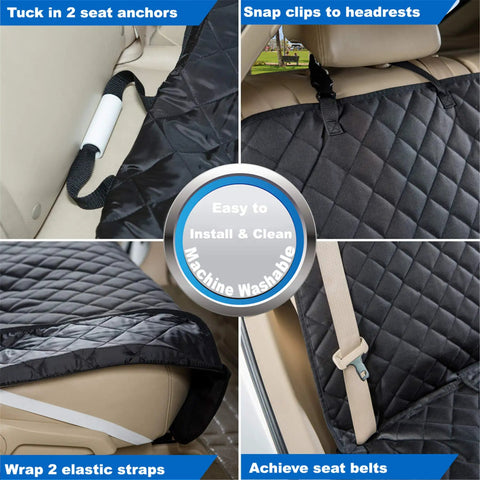 Heavy Duty Waterproof Bench Car Seat Cover Protector for Dogs Nonslip Universal Fit, black quilted fabric with seat anchors, straps, clips.