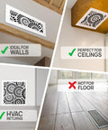 Decorative Acrylic Air Vent Cover Grille For Ducts 6x14 Opening And 8x16 Overall White Finish Waterwheel Style installed on walls and ceilings.