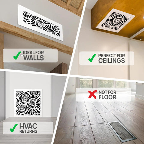 Decorative Acrylic Air Vent Cover Grille For Ducts 6x14 Opening And 8x16 Overall White Finish Waterwheel Style installed on walls and ceilings.