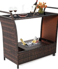 Patio Wicker Bar Cart With Wheels Ice Bucket Outdoor Rolling Beverage Counter Table Glass Top Modern Rattan Wine Serving Cart
