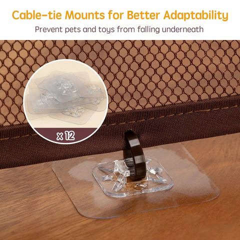 Adjustable Stair Banister Safety Net Gate for Baby Proofing and Pets, dark brown mesh with cable-tie mounts on wood surface.