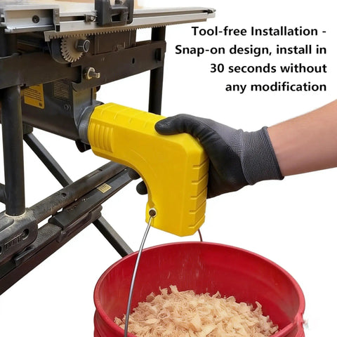 Dust Extraction Adapter For Table Saws 2.5 Inch Inner Diameter Dust Collector Connector Easy Slide On Installation shown on table saw with red bucket below for debris.
