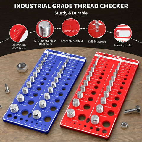 68-piece nut and bolt thread checker boards, blue and red, with 26 standard + 26 metric gauges and 16 drill bit gauges.