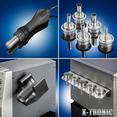750 Watt Hot Air Rework Station With 3 Temp Presets, nozzles, nozzle holder, and brushless vortex fan components