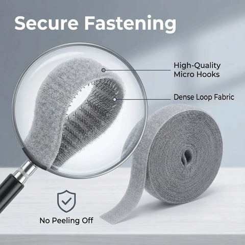 Close-up on Adjustable Reusable 5M Hook and Loop Cable Ties for Quick Cord Management, showing micro hooks and loop fabric in gray.