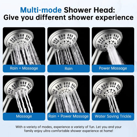 High Pressure Shower Head With Six Spray Settings showing rain, massage, and power massage modes.