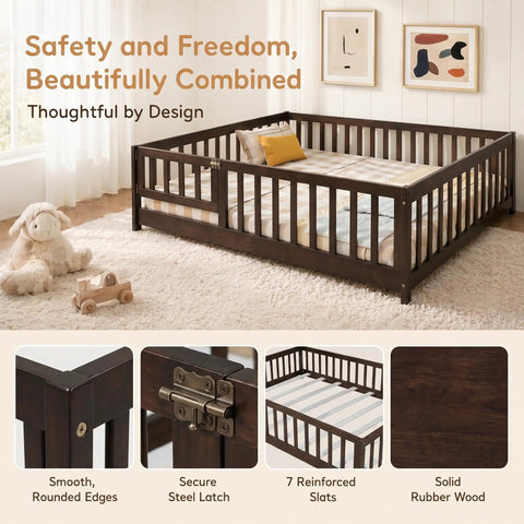 Queen Size Rubber Wood Bed Frame With Safety Guardrails And Door, Heavy Duty Floor Bed Foundation, no box spring needed