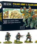 Box of Bolt Action Italian Army and Blackshirts 1 To 56 Scale Tabletop Miniatures with five unpainted 28mm WWII figures displayed