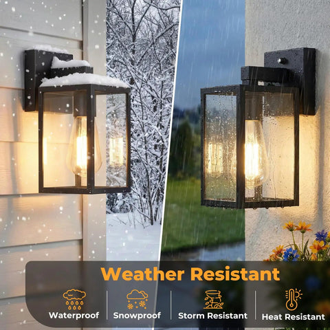 Two Pack Dusk To Dawn Outdoor Wall Lanterns With Automatic Sensor For Front Porch And Garage Waterproof Black Exterior Lights, weather resistant.