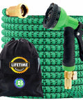 J&B XpandaHose 75ft expandable garden hose with brass fittings, adjustable spray nozzle, and storage bag