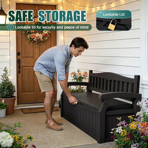 Man opening 80 Gallon Lockable Storage Bench Deck Box For Patio Furniture And Outdoor Gear, Space Saving Outdoor Storage, Black
