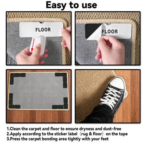 Installation of Non Slip Rug Tape For Hardwood Floors And Tile Double Sided Adhesive That Keeps Corners Flat Removable Residue Free Reusable 12 Pack