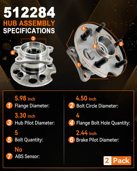 Rear Wheel Bearing Hub Assembly 2 Pack For Toyota Highlander 2004 to 2013 AWD 5 Lug With ABS Direct Fit Easy Install