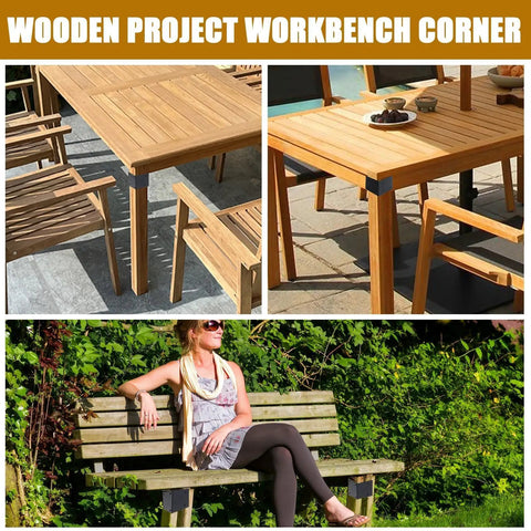 Rock Solid 8 Piece Workbench Bracket Kit For 2X4 Lumber Three Way Right Angle Corner Connectors Heavy Duty Carbon Steel With Rust Resistant Finish Built Like A Tank To Handle Your Toughest Shop Builds, showcasing wooden workbench corners.