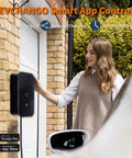 Woman using Level 2 EV Charger With 48 Amp 240V Power, Heavy Duty Metal Case, NEMA 14 50 Plug, Indoor Outdoor Use, app control