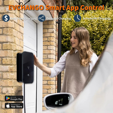 Woman using Level 2 EV Charger With 48 Amp 240V Power, Heavy Duty Metal Case, NEMA 14 50 Plug, Indoor Outdoor Use, app control