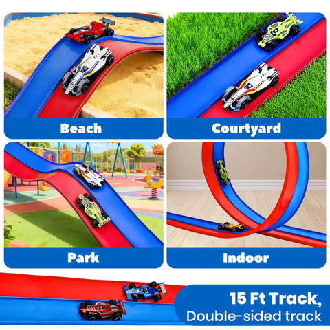 Flexible Fifteen Foot Race Car Track Set for Kids with double-sided racetrack in use, featuring 1/64 diecast cars on various terrains.